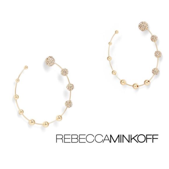 Rebecca Minkoff Gold Plated Swarovski Pave Sphere Crystal Hoop Earrings - Picture 1 of 4